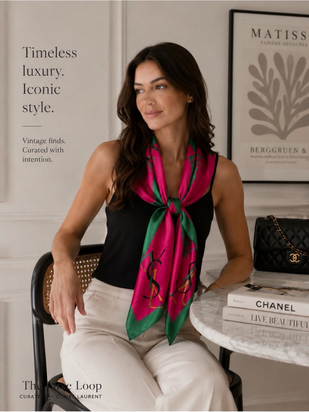 Yves Saint Laurent Fuchsia and Green Silk Logo Scarf